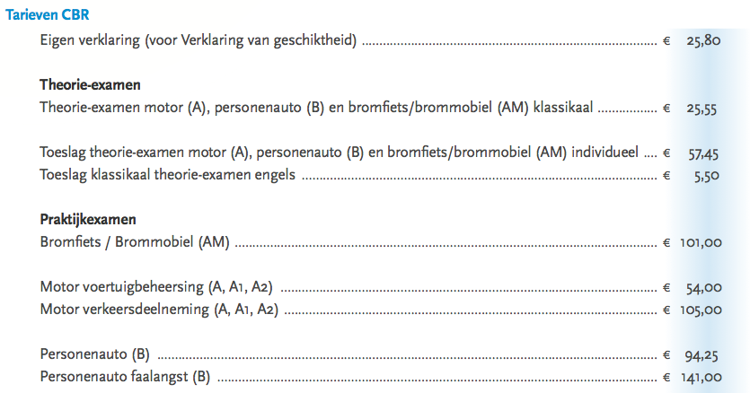 2014 CBR tarieven voor het theorie-examens en de praktijkexamens.